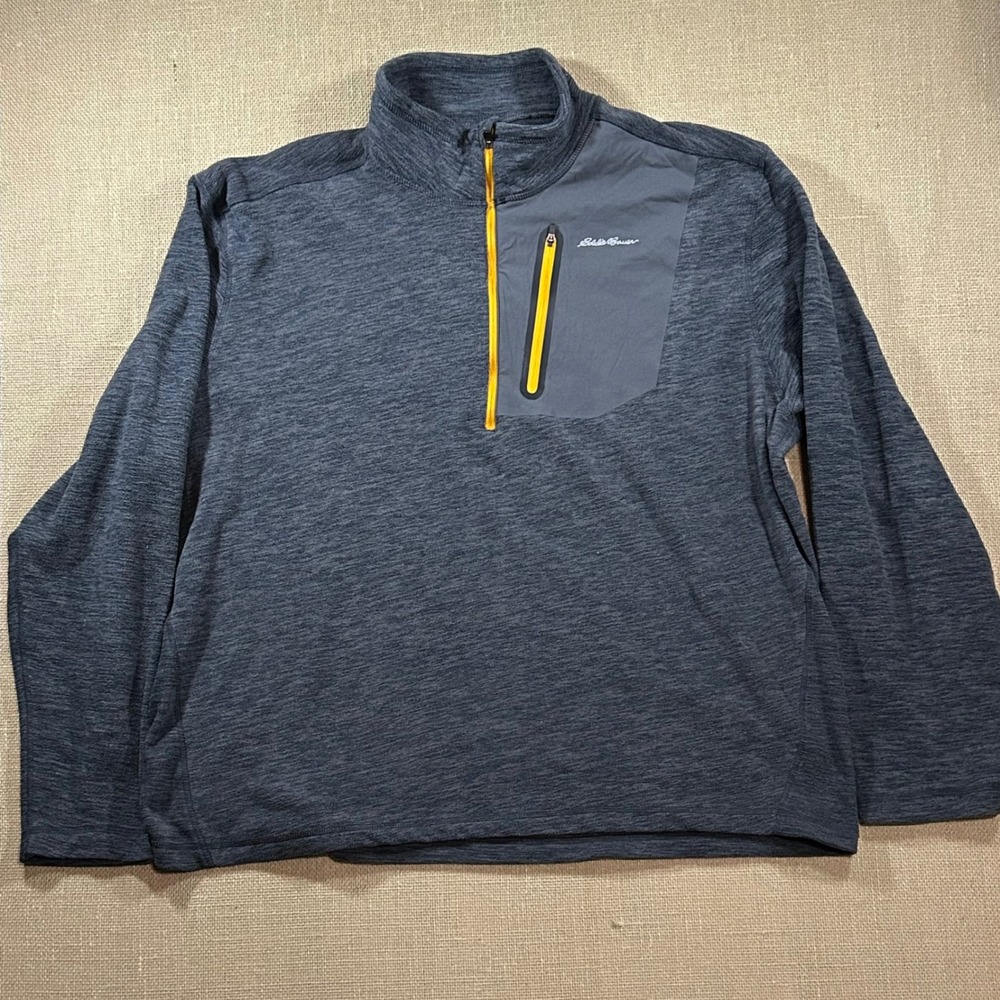 Eddie Bauer Mens XXL Quarter Zip Fleece Pullover Gray Yellow EM31LK119